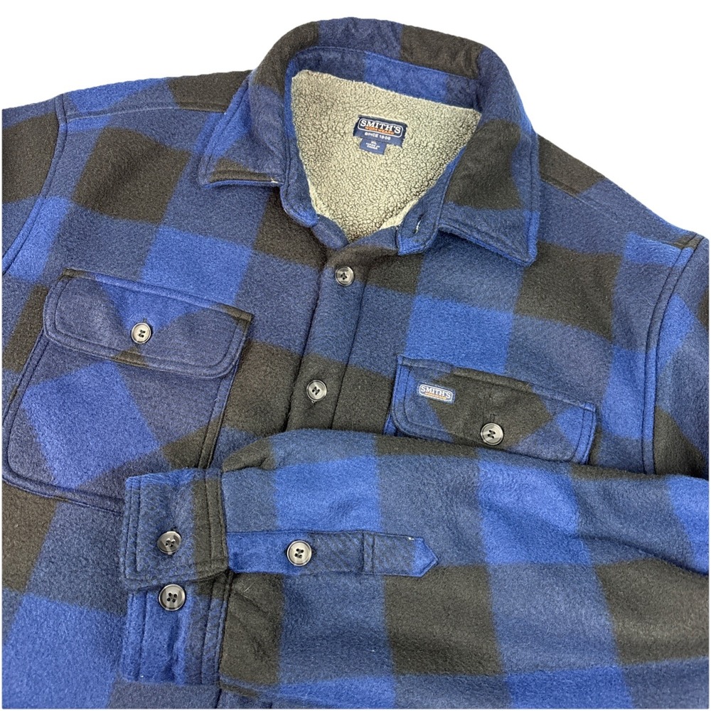 Smith's Workwear EUC‎ Shirt Jacket Men XL Blue Black Buffalo Plaid Sherpa Fleece